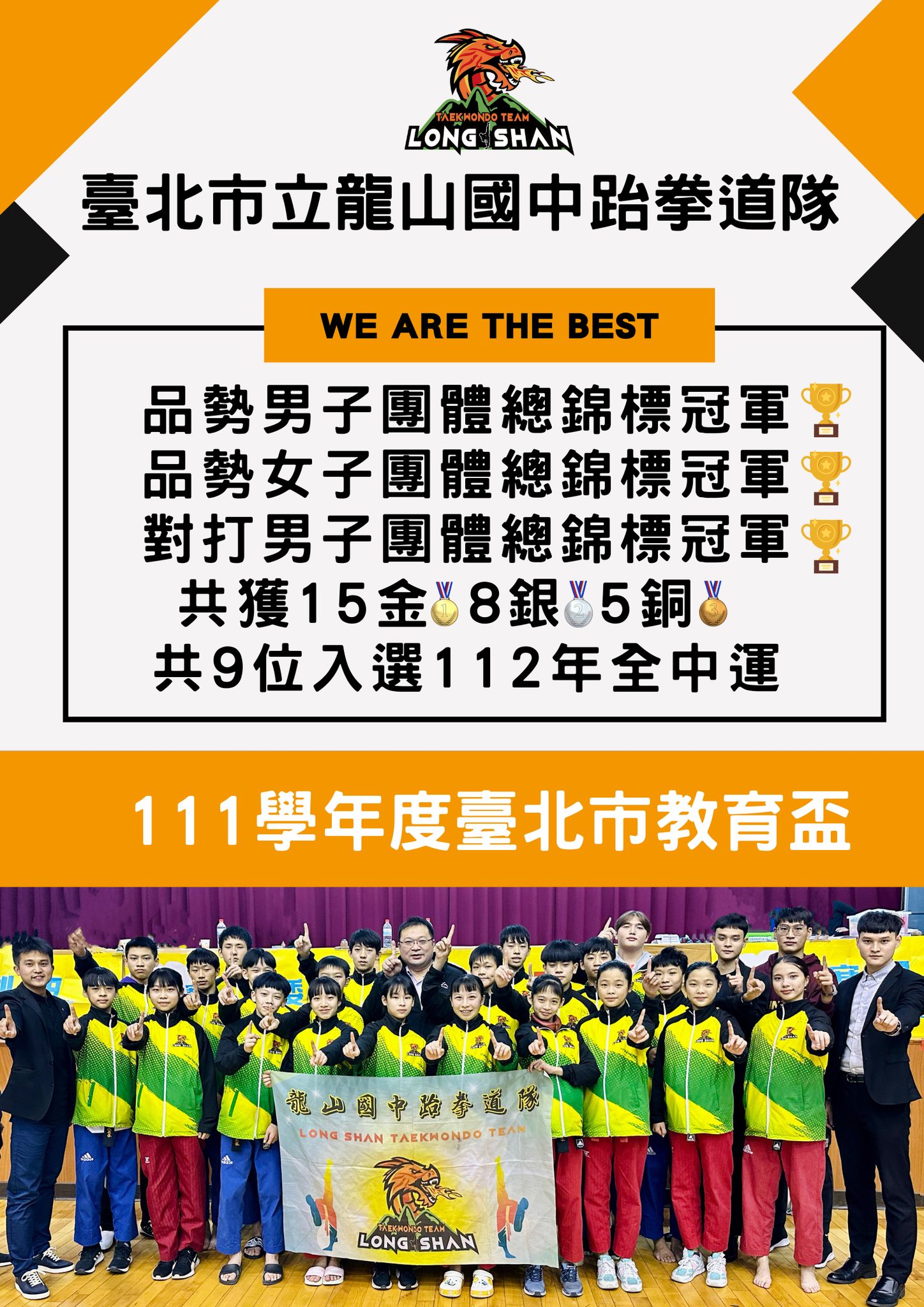 賀本校跆拳道隊參加111學年度臺北市教育盃跆拳道錦標賽成績斐然