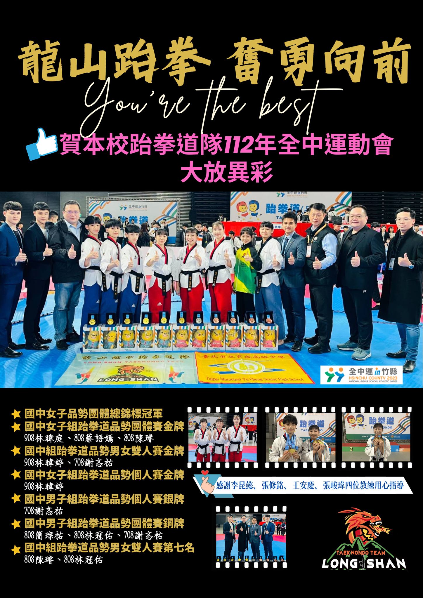 賀龍山跆拳道隊112年全中運大放異彩