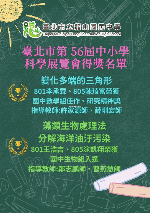 臺北市第 56屆中小學科學展覽會得獎名單