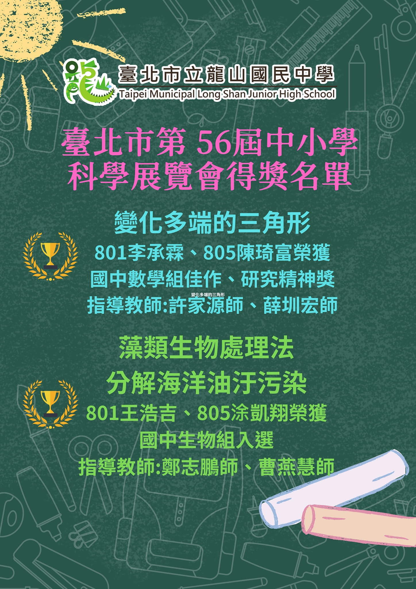 臺北市第 56屆中小學科學展覽會得獎名單