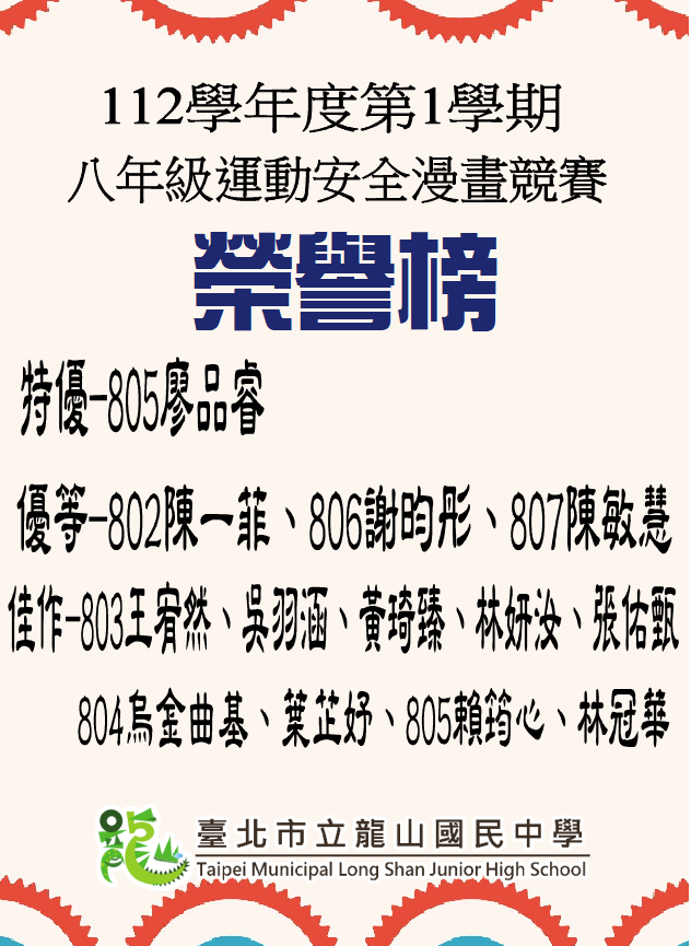 112學年度第1學期八年級運動安全漫畫競賽得獎名單