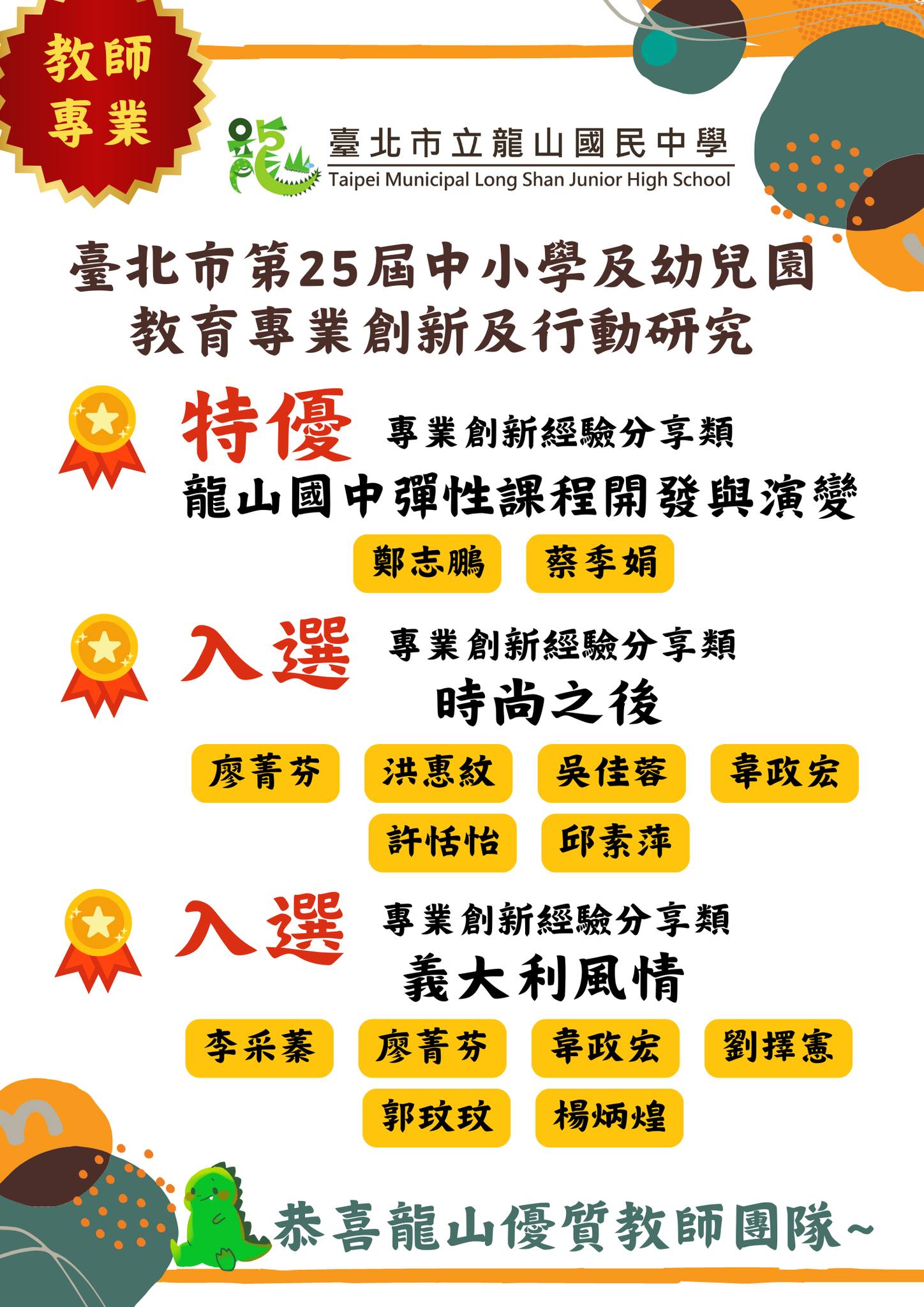 臺北市第25屆中小學及幼兒園教育專業創新及行動研究