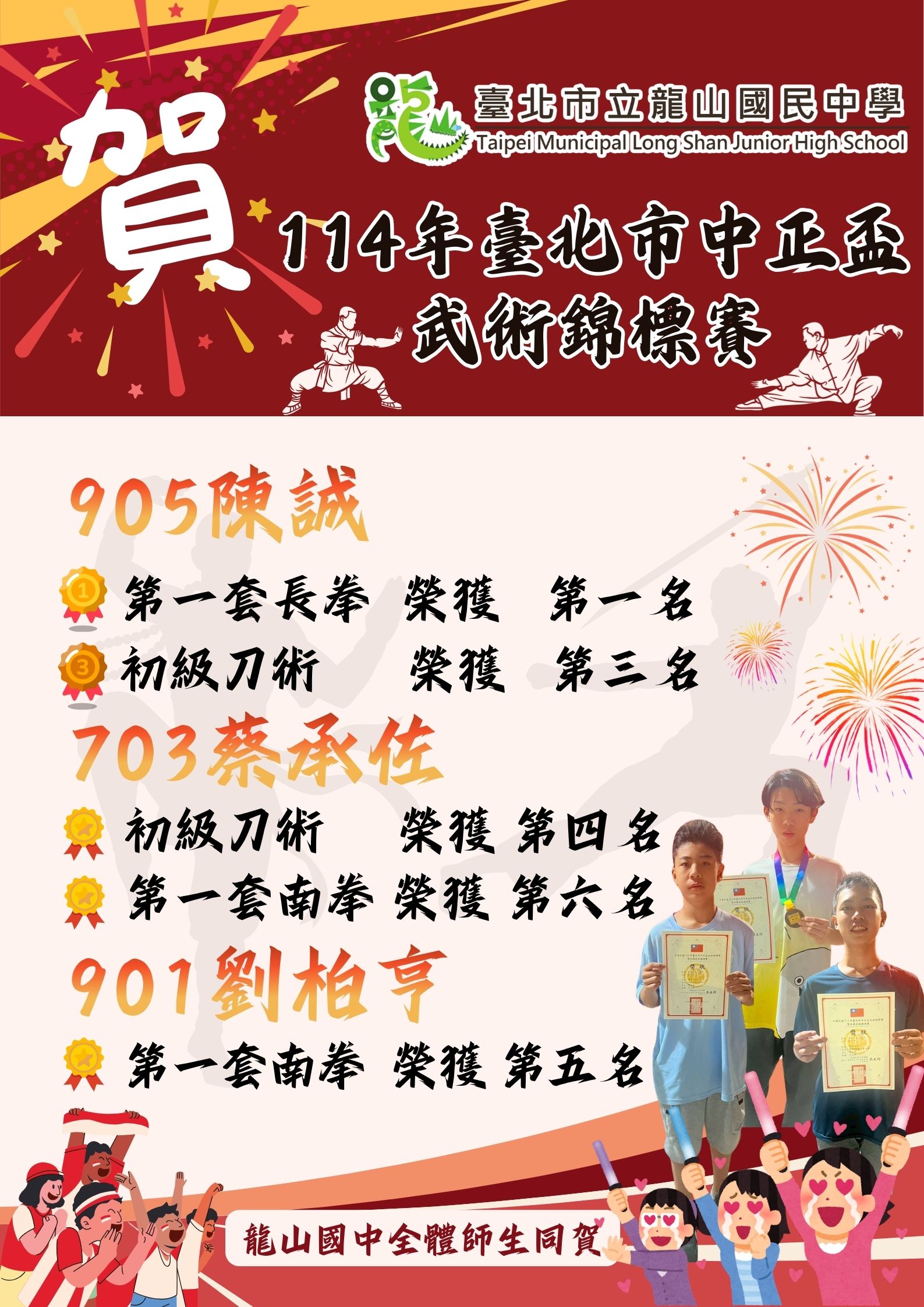 狂賀！114年臺北市中正盃武術錦標賽，本校榮獲佳績!