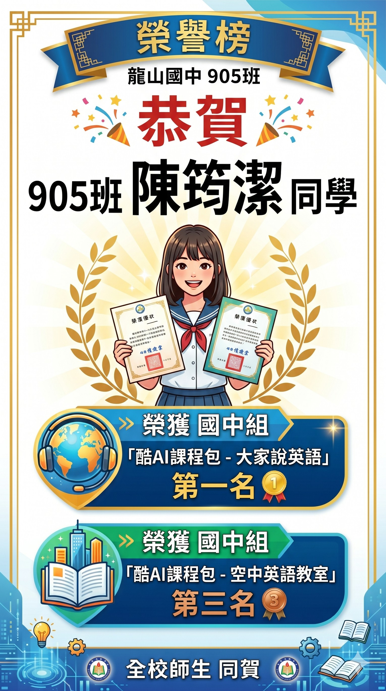 恭喜905班陳筠潔榮獲國中組「酷AI課程包-大家說英語」第一名 及國中組「酷AI課程包-空中英語教室」第三名
